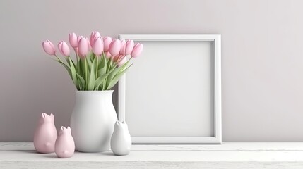Easter-themed interior of a home. Mockup with pink tulips in a vase and a white frame on a light background. Generative AI