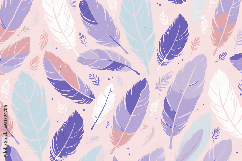 Wall mural pattern featuring minimalistic and stylized illustrations of feathers. ai generative