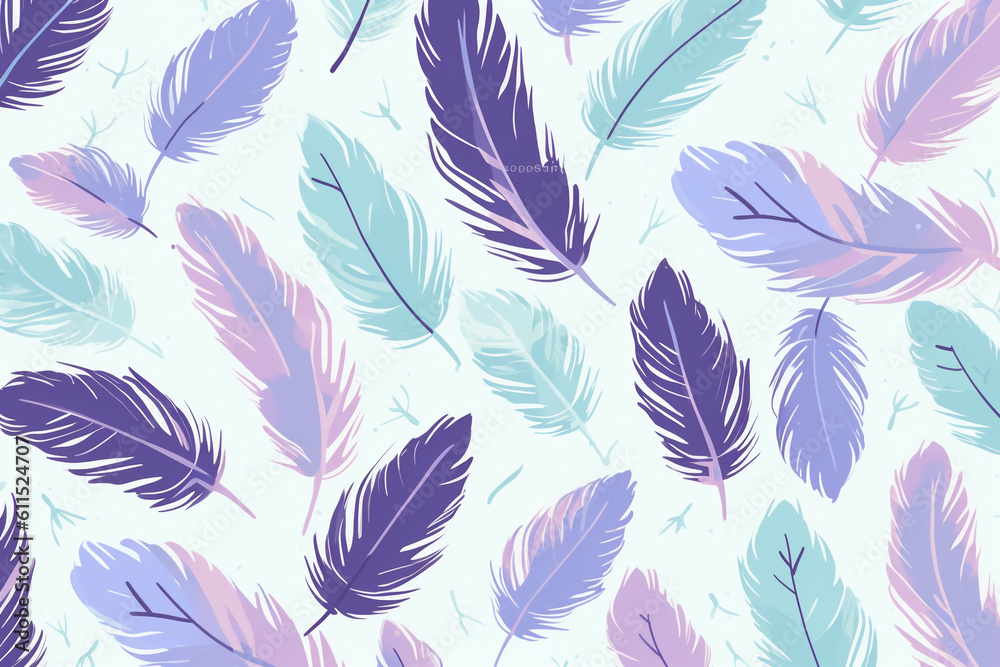 Wall mural pattern featuring minimalistic and stylized illustrations of feathers. ai generative