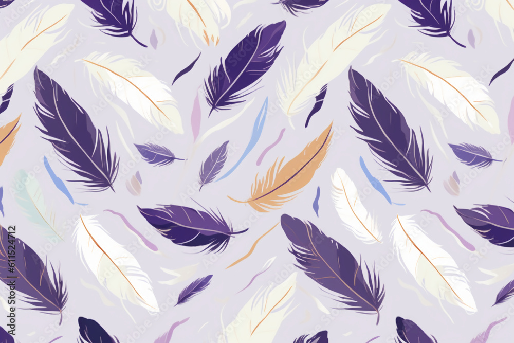 Wall mural pattern featuring minimalistic and stylized illustrations of feathers. ai generative