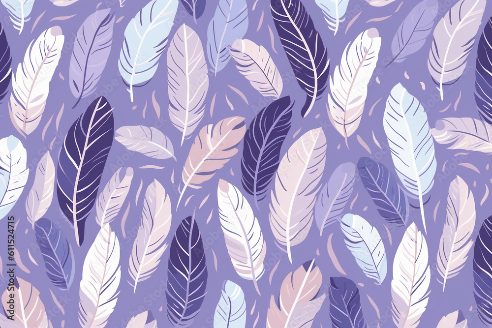 Wall mural pattern featuring minimalistic and stylized illustrations of feathers. ai generative