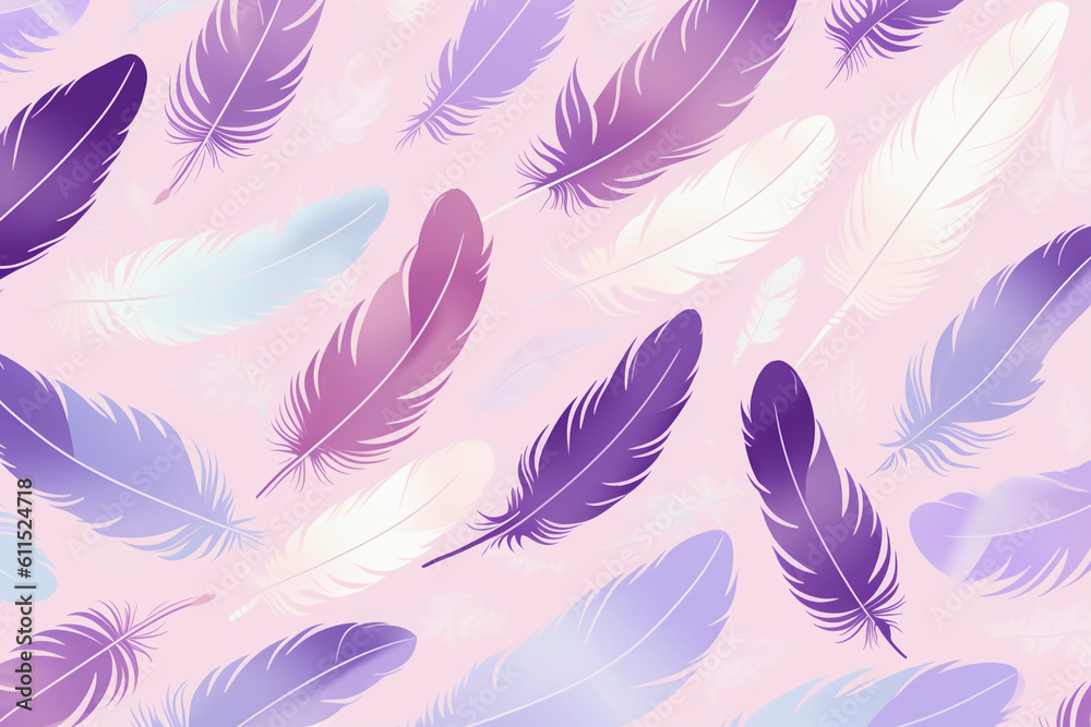 Wall mural pattern featuring minimalistic and stylized illustrations of feathers. ai generative
