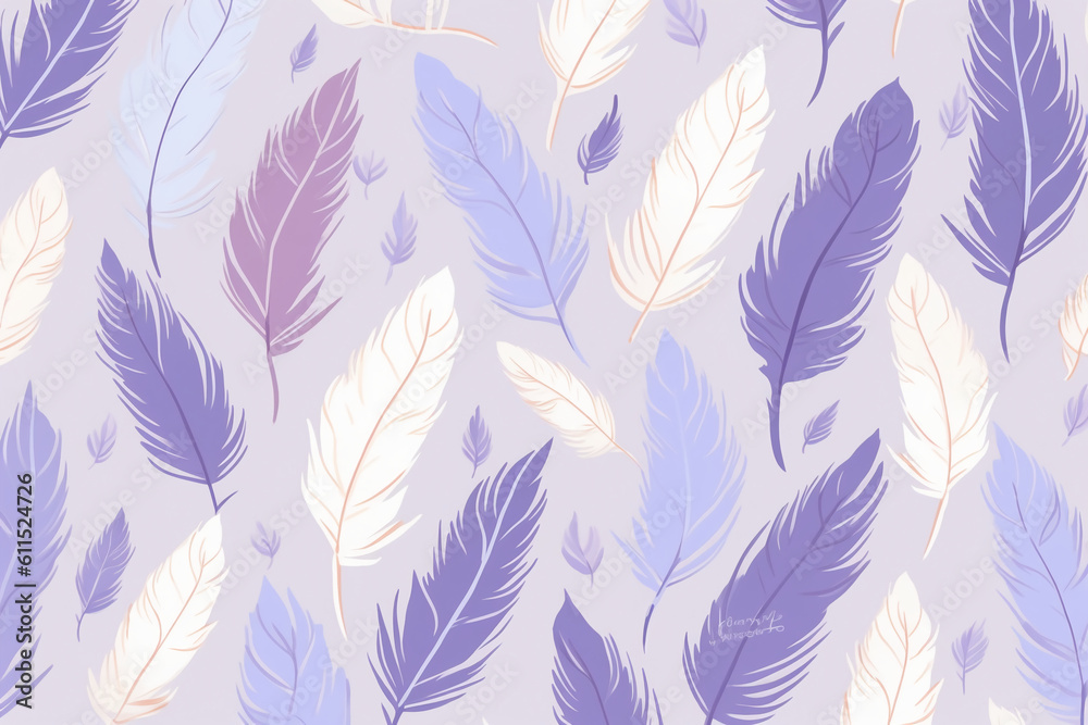 Wall mural pattern featuring minimalistic and stylized illustrations of feathers. ai generative