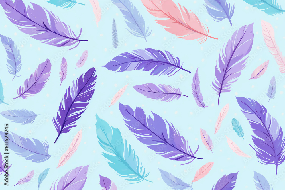 Wall mural pattern featuring minimalistic and stylized illustrations of feathers. ai generative