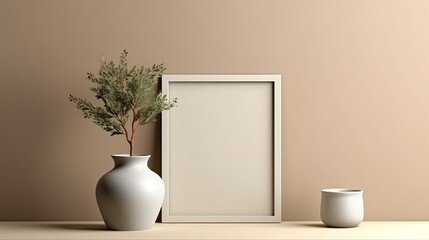 On contemporary drawers, a mock-up frame with a poster, a simple composition with adornment, Generative AI