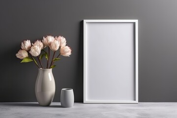 blank white area in a picture frame. mock-up of a poster design on a gray wall. View of a contemporary interior. Concept of minimalism and home staging Generative AI