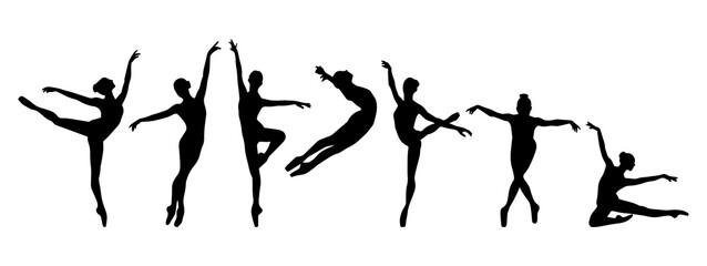 Vector illustration. Silhouette of a woman ballerina on stage. Ballet. Big set of girls.