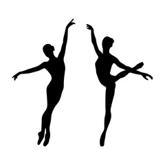 Vector illustration. Silhouette of a woman ballerina on stage. Ballet. Two girls.