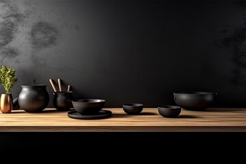 Black kitchen interior background with dark countertop, utensils, backlight, and panoramic window. product display mockup copy space. Generative AI