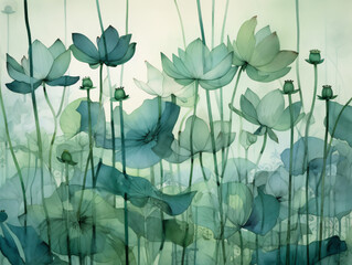 Watercolor background of green and blue flowers Generative Ai