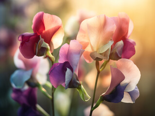 Fototapeta na wymiar Delicate and beautiful sweet pea flowers under a radiant sunlight Generative Ai