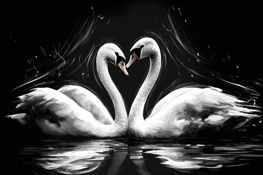 Two swans making a heart shape with their necks isolated on a black background Generative Ai