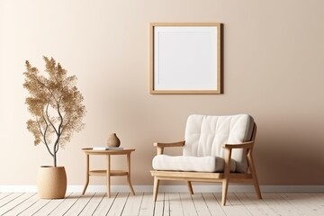 Square wooden frame mockup with wicker armchair in warm beige room decor, Illustration, Generative AI