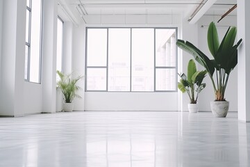 Fototapeta premium White walls in an empty room with lovely plants lying on their sides on the floor. Generative AI
