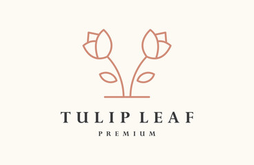 Tulips with leaf logo. Line art, outline, monoline,tulips flower.