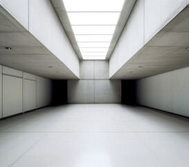 An empty concrete brutalism room with a skylight above it Generative Ai