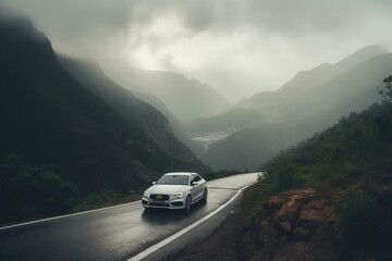 Plakat A white car drives on a winding mountain road, surrounded by clouds and mountains in the background. Generative AI