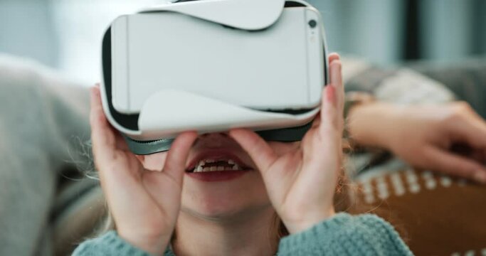 Experience, vr and kid with video game in home for fun, futuristic gaming and technology in living room. Girl, virtual reality or gamer headset for learning, entertainment or teaching with cyber tech