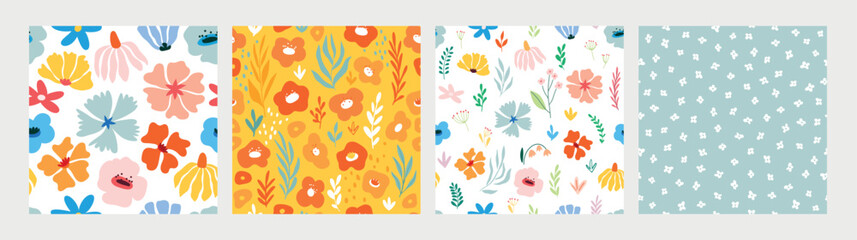 Set of seamless flourish patterns with flowers, plants and other elements. Cute hand drawn background.