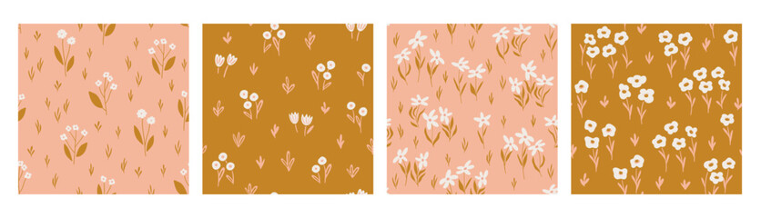 Set of seamless flourish patterns with flowers, plants and other elements. Cute hand drawn background.