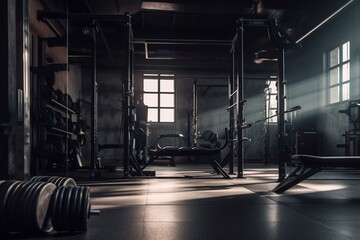 Fototapeta na wymiar Modern gym with exercise equipment and barbell rack. Generative AI