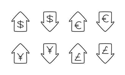 値上げと値下げを表す矢印と通貨記号のイラストセット/ドル/ユーロ/円/ポンド/アイコン/ベクター