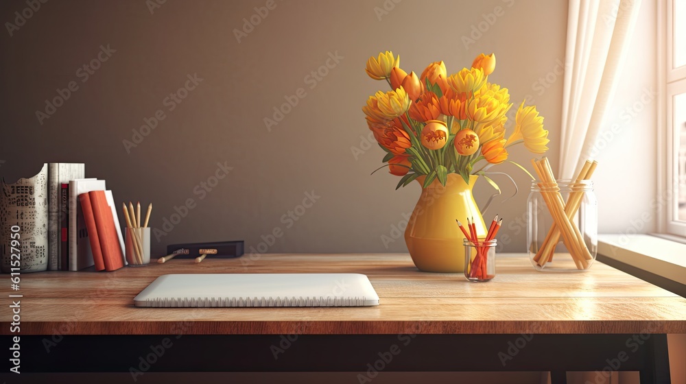 Canvas Prints In a home office, a table with a blank laptop screen, pencils, and a vase. Office space with a laptop and supplies. Generative AI