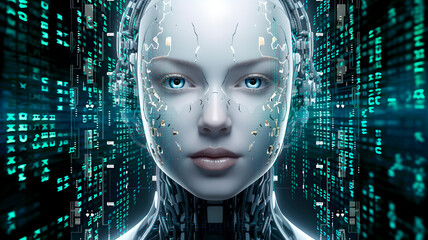 Portrait of female robot, android face, Artificial intelligence concept render 3d