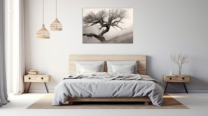 mockup poster of a comfy bed on a white wall with a white background, Generative AI