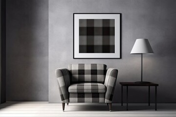 Armchair and plaid poster sample in a modern minimalist room for your design. This mockup can be used to display your artwork. Generative AI