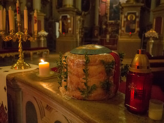 bread for easter on the alter in  St. george cathedral in lviv old city