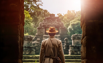 man in costume indiana jones standing back view on background jungle antient atctec temple - obrazy, fototapety, plakaty