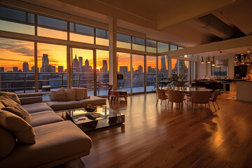 big modern open concept living room on a high floor building at sunset. tall windows