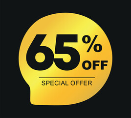 65% off. Golden, black color. Special Offer. Vector illustration price discount. Campaign for retail, stores