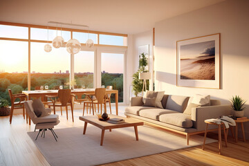 Fototapeta na wymiar modern living room with tall windows and a view to the park at sunrise