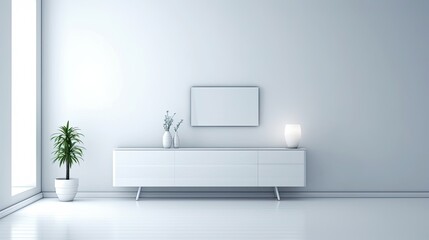 mock-up of a TV cabinet display in a white, minimalist modern space. Generative AI