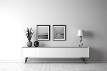 Tv shelf in a contemporary empty room mockup with a background of a white wall. Generative AI