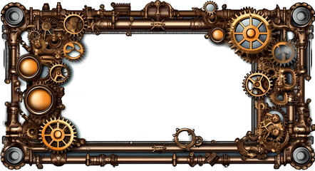 rectangular frame in steampunk style with a white background. Ornate frame, with steampunk aesthetics. Gears, clockwork elements, rivets, dials, fantasy, generated in AI