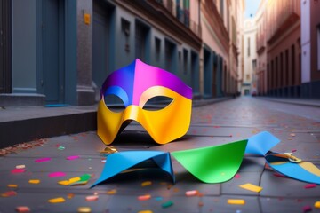 papers carnival masks scattered on the floor along created with Generative AI technology