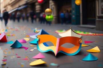 papers carnival masks scattered on the floor along created with Generative AI technology