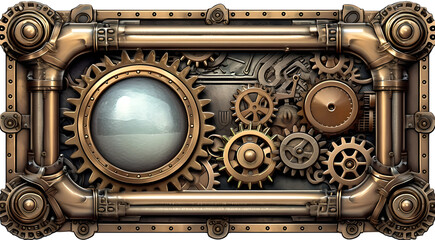 rectangular frame in steampunk style with a white background. Ornate frame, with steampunk aesthetics. Gears, clockwork elements, rivets, dials, fantasy, generated in AI