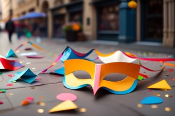 papers carnival masks scattered on the floor along created with Generative AI technology
