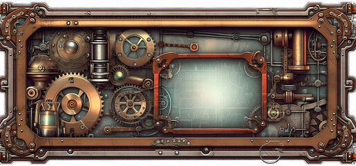 rectangular frame in steampunk style with a white background. Ornate frame, with steampunk aesthetics. Gears, clockwork elements, rivets, dials, fantasy, generated in AI