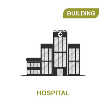 A simple illustration of a hospital. The hospital building is black in color. Icons and illustrations of the hospital with a transparent background.