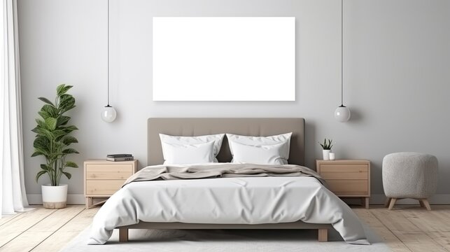 Blank horizontal poster over white bed in bedroom. Clipping path around poster frame, isolated. Generative AI