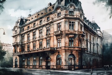 Fototapeta na wymiar Watercolor illustration of an empty European building in an impressionist style. Generative AI