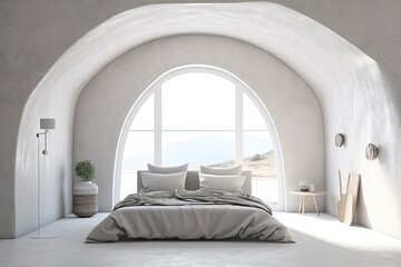architectural design concept idea mockup template, exterior plaster wall with white window and shutters, interior bedroom with double bed, blank background with copy space Generative AI