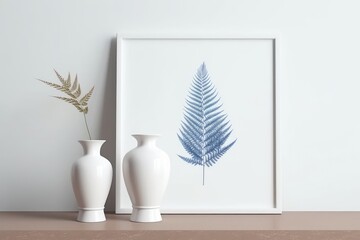 White picture frame mockup in portrait orientation on a hardwood table. modern palm-adorned vases white wall as a backdrop Scandinavian-style decor. Generative AI