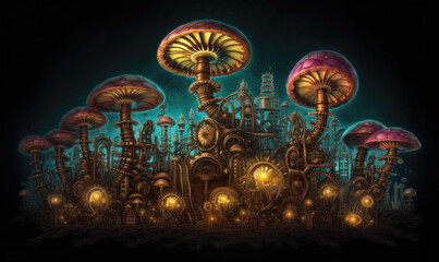 Steam punk mushroom in the forest - obrazy, fototapety, plakaty