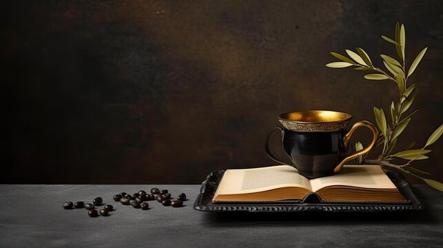 Metal coffee cup, book, empty wooden frame, olive branch Generative AI